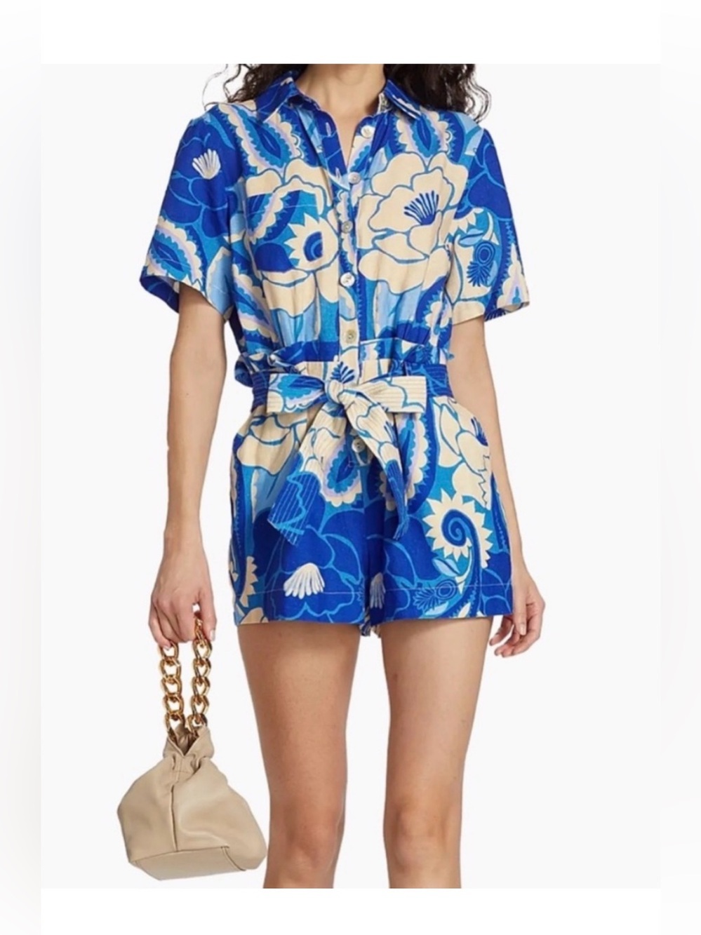 FARM Rio Tropical Groove Blue Floral Romper XL NWT Belted $185
